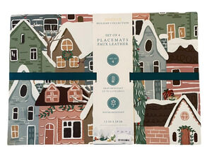 Envogue Christmas Village Faux Leather Placemats 13x19 Set of 4 New